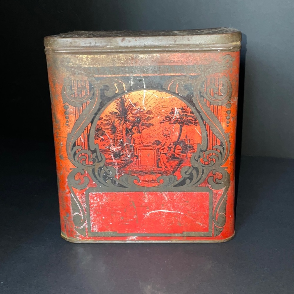 Tea Tin Old Red Hinged Patina Lid Vintage Collectible Kitchen Decor
